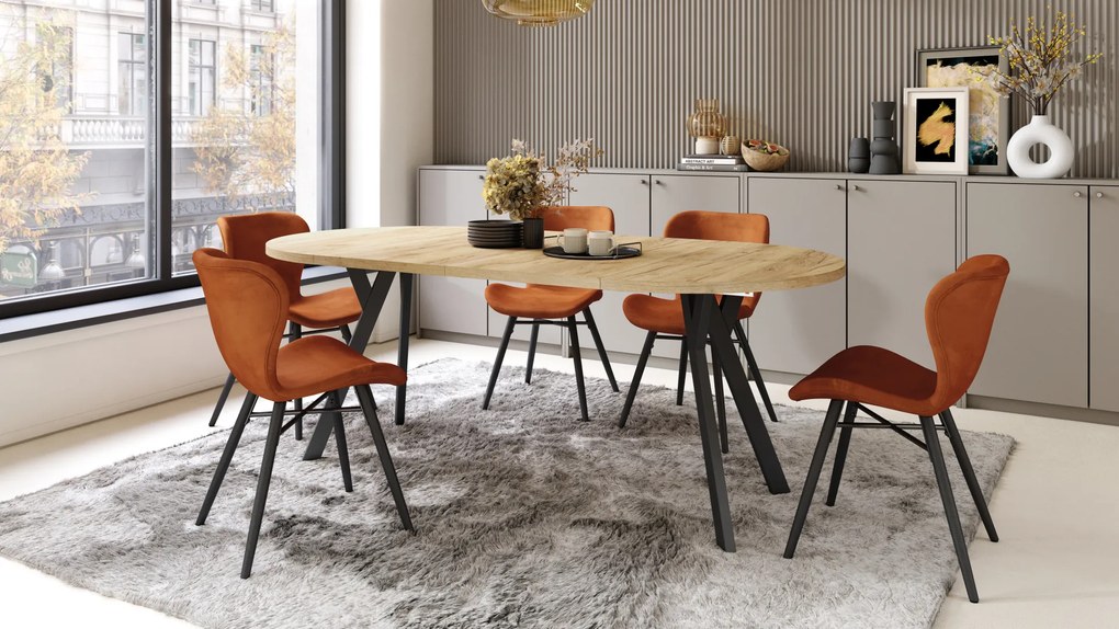 Mazzoni ALMO Stejar Craft Auriu/picioare negre - MASĂ ROTUNDĂ EXTENSIBILĂ CU PICIOARE ÎN FORMĂ DE Y STIL LOFT PENTRU SALON/SUFRAGERIE