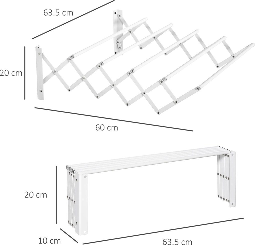 HOMCOM Uscător de Rufe Retractabil pentru Perete, Uscător Pliabil Economisitor de Spațiu din Metal pentru Interior și Exterior, 63,5x60x20 cm, Alb | Aosom Romania