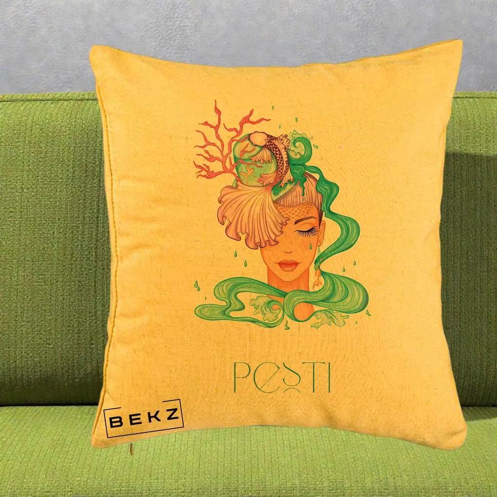Perna Personalizata Zodiac Pesti Cowgirl, 40x40 cm, Galben, Husa Detasabila, Perna Inclusa, BEKZ®