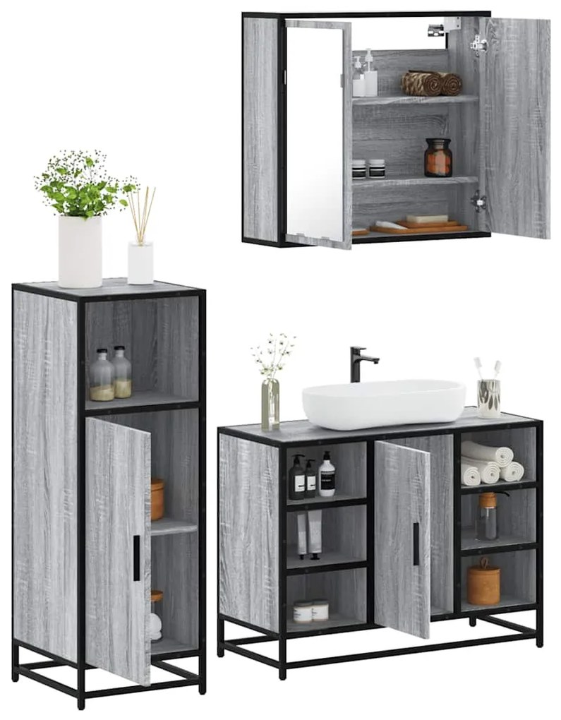 vidaXL Set mobilier de baie, 3 piese, gri sonoma, lemn prelucrat