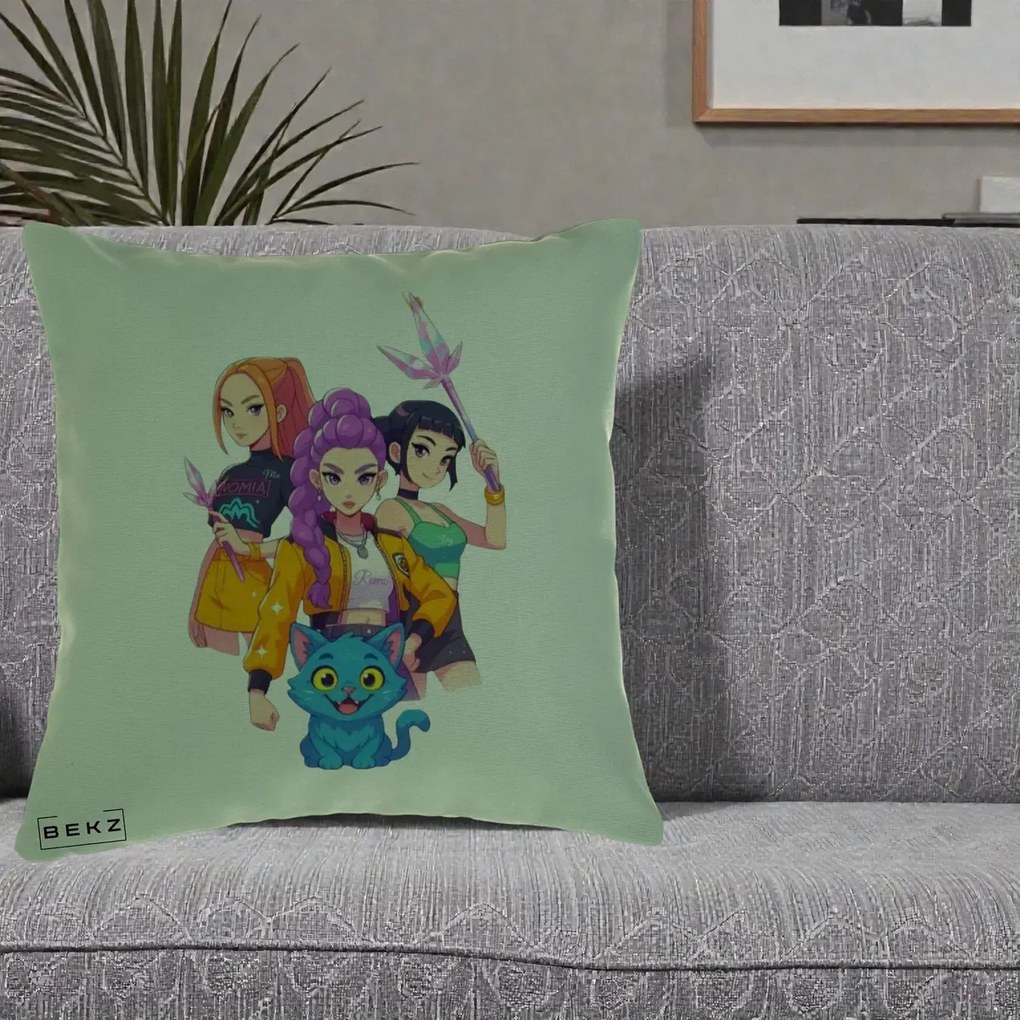 Perna Personalizata K-pop HUNTRX Trio cu Pisica si Cristale, 40x40 cm, Verde, Husa Detasabila, Perna Inclusa, BEKZ®
