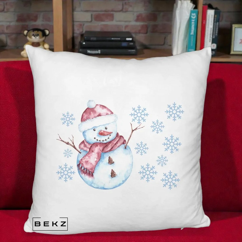 Perna Decorativa Om de Zapada Rosu cu Fulgi, 40x40 cm, Alb Pufos, Husa Detasabila, Perna Inclusa, BEKZ®