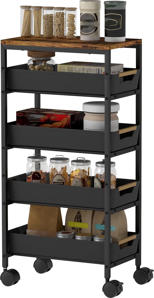 HOMCOM Cărucior de bucătărie cu 5 niveluri și 4 coșuri detașabile, din metal, PP și PAL, 39,5x24x82 cm, negru/stejar | Aosom Romania