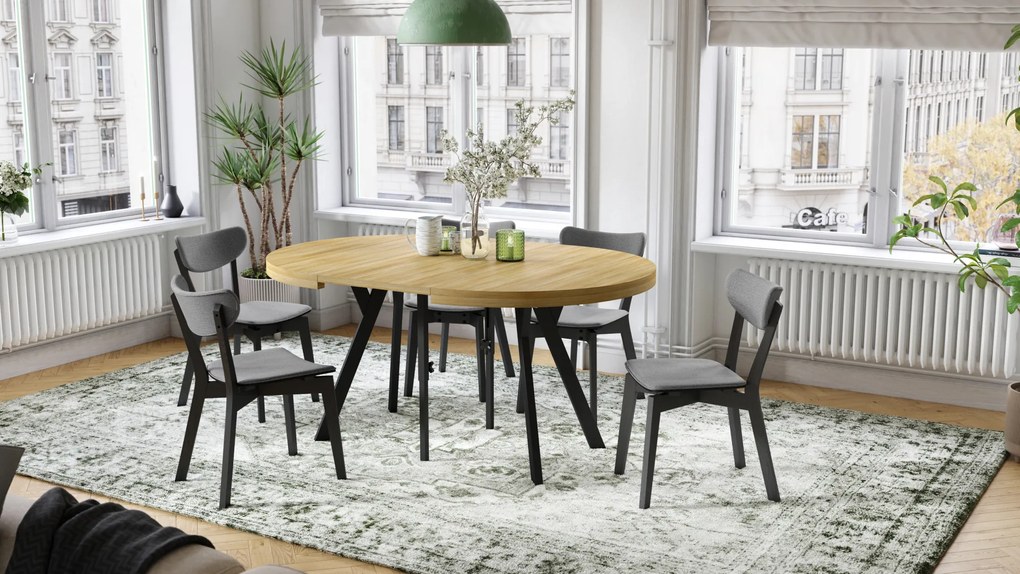 Mazzoni EXPANSO Stejar American/picioare negre - MASĂ MARE ROTUNDĂ Ø110 EXTENSIBILĂ PÂNĂ LA 310 cm CU PICIOARE Y LOFT/INDUSTRIALĂ