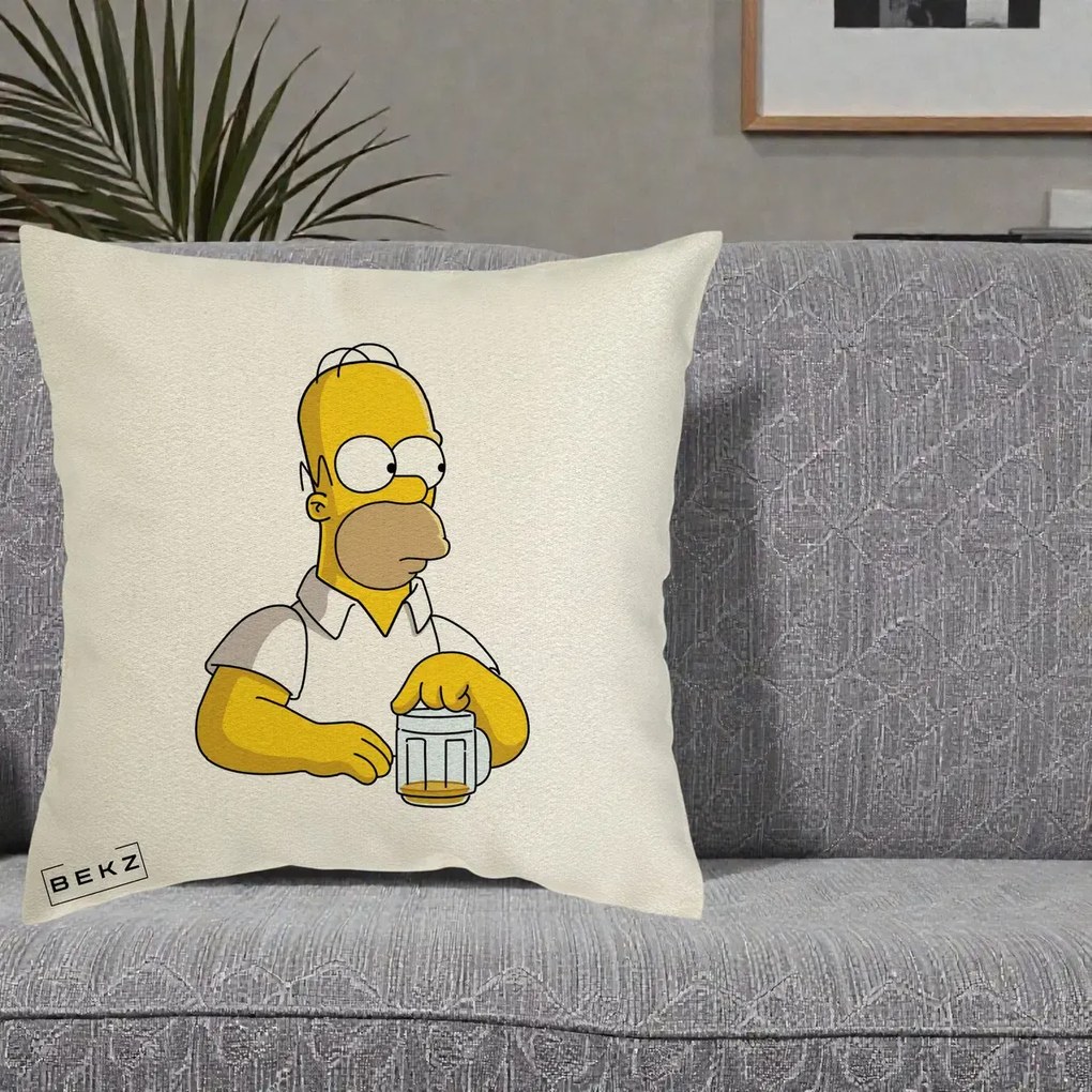 Perna Personalizata Homer Simpson cu Bere, 40x40 cm, Ecru, Husa Detasabila, Perna Inclusa, BEKZ®
