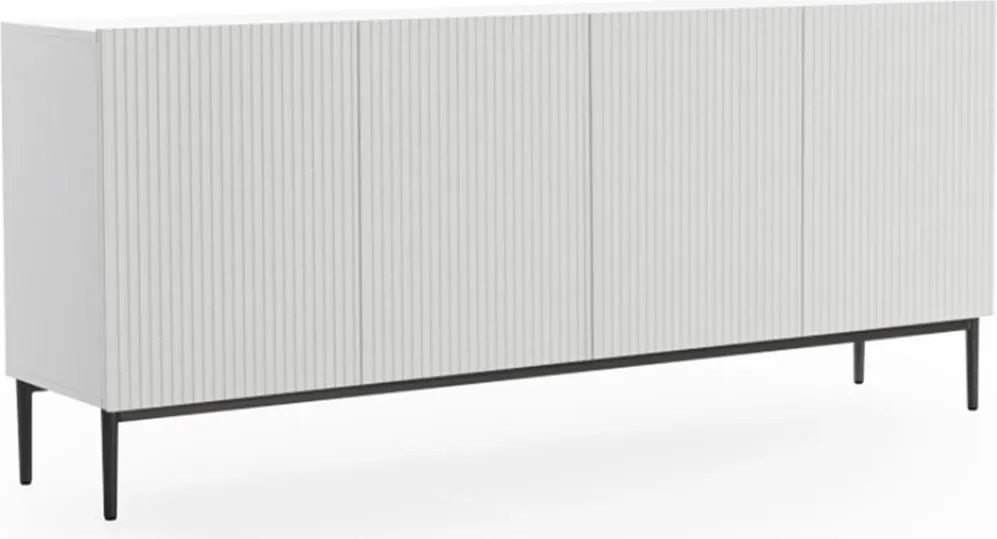 Comodă Nicole 200 cm cu patru uși, fronturi riflate - alb mat / picioare negre