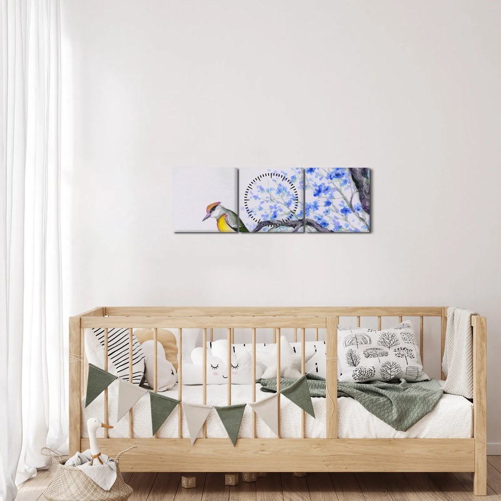 Tablou - Pasăre pe un copac cu flori albastre (cu ceas) (90x30 cm)