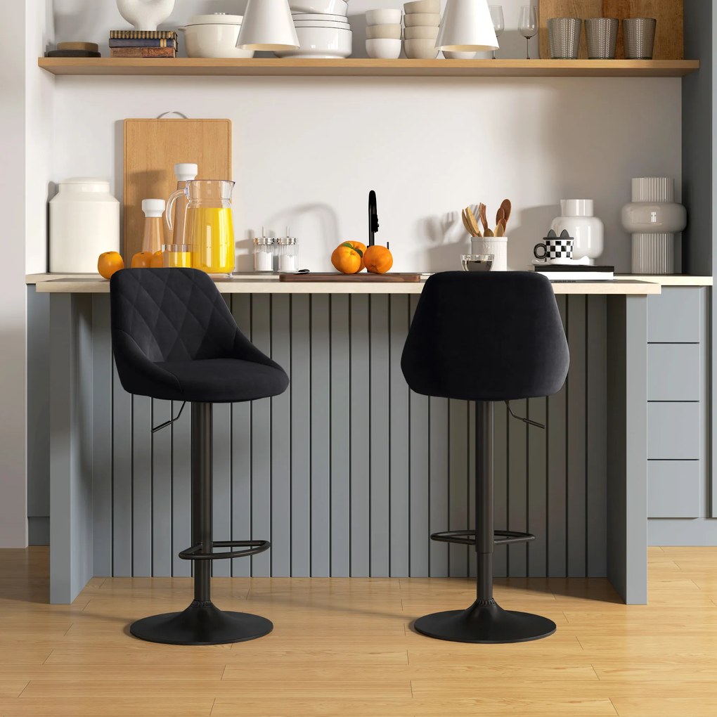 HOMCOM Set de 2 tabureți de bar cu spătar, aspect catifelat, cadru din oțel, scaune de bucătărie reglabile înălțime cu suport pentru picioare, rotative, taburet de bar, negru | Aosom Romania