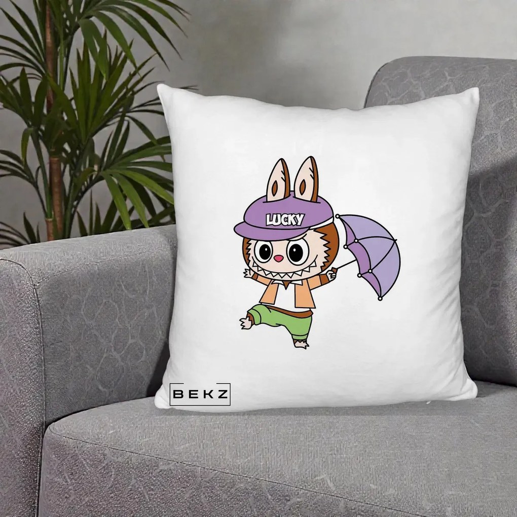 Perna Personalizata Labubu Lucky cu Umbrela, 40x40 cm, Alb Pufos, Husa Detasabila, Perna Inclusa, BEKZ®