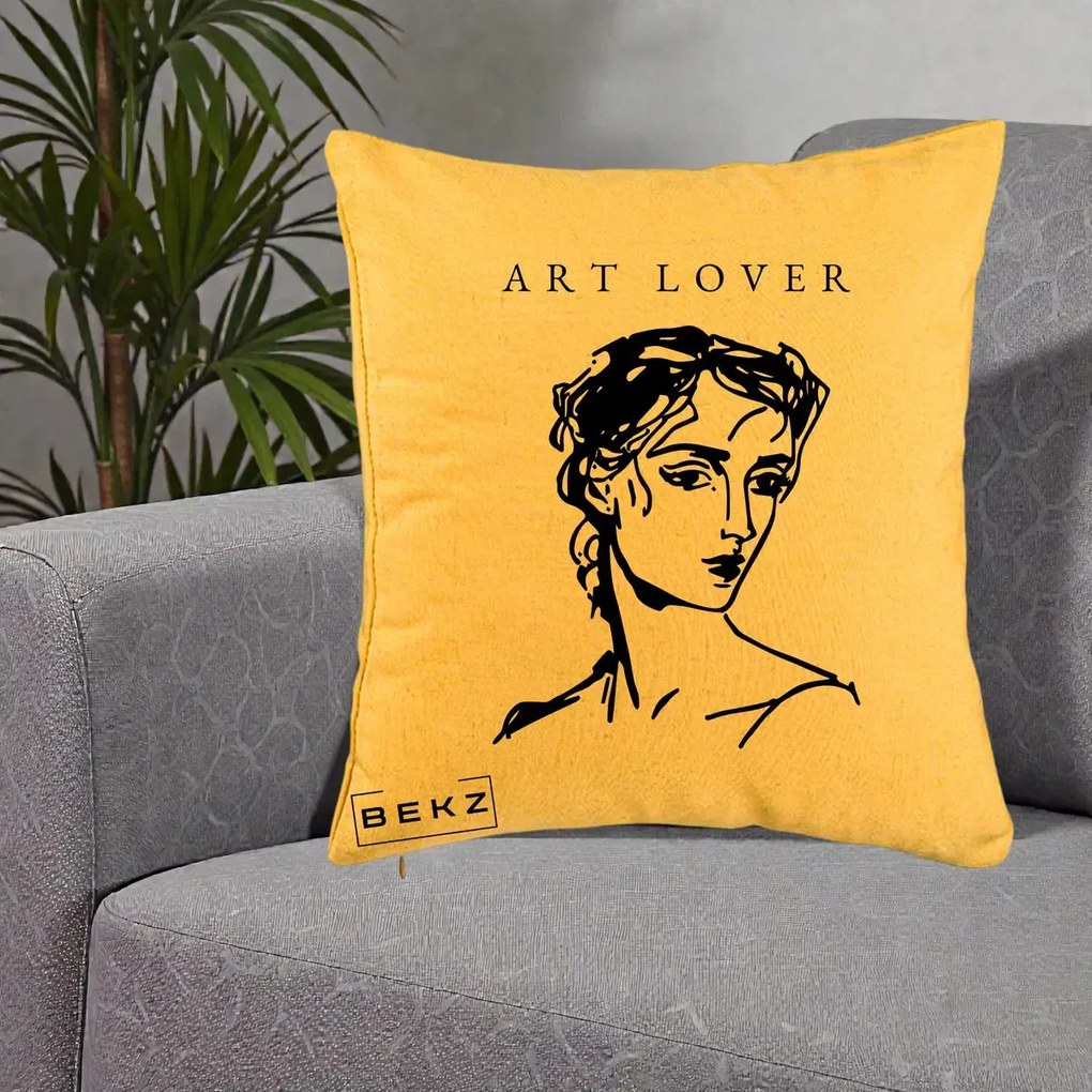 Perna Decorativa Art Lover Portret Grafic, 40x40 cm, Galben, Husa Detasabila, Perna Inclusa, BEKZ®