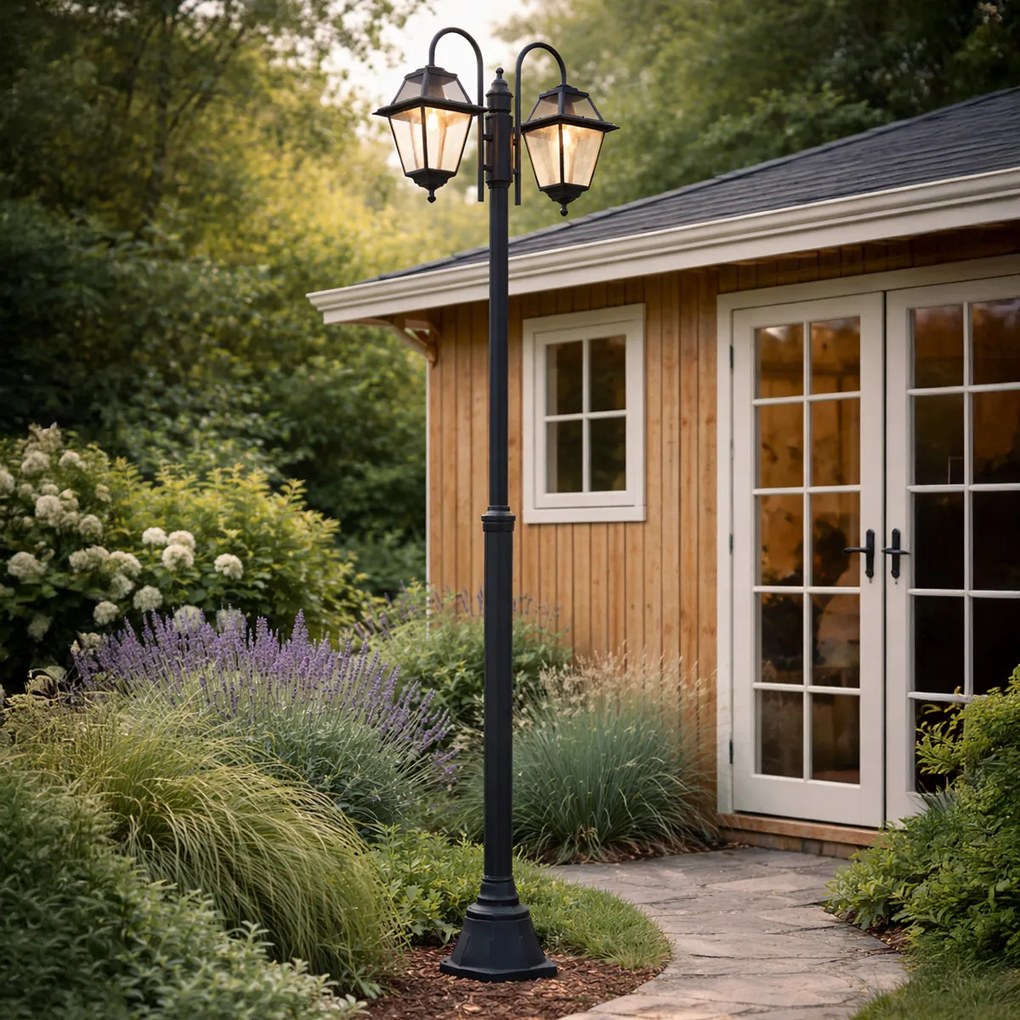 Lămpă clasică de exterior neagră 235 cm cu 2 lumini IP44 - Berta