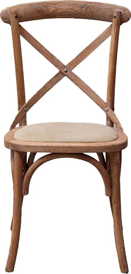 Scaun dining din lemn de stejar și bumbac, bej, cu spătar încrucișat în X, șezut tapițat și arce curbate, 90 x 44 x 42 cm, „Marius”