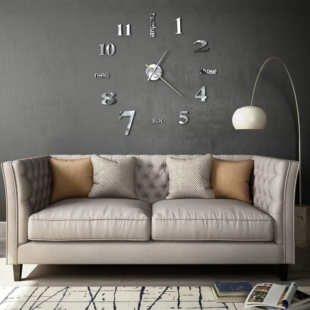 vidaXL Ceas de perete 3D, argintiu, 100 cm, XXL, design modern