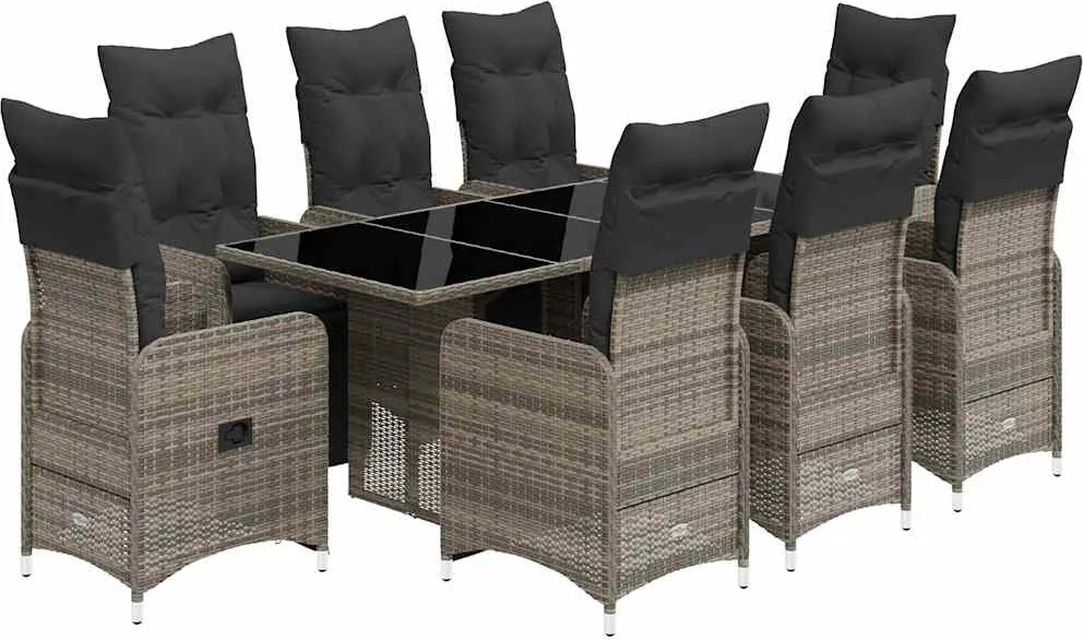 vidaXL Set bistro de grădină cu perne, 9 piese, gri, poliratan