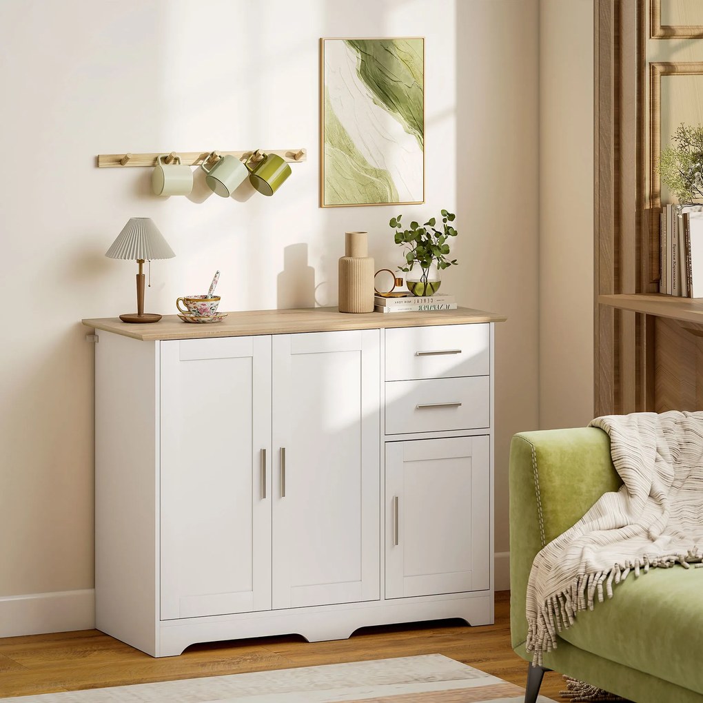 HOMCOM Comodă Modernă din Lemn cu 2 Sertare și 2 Dulapuri, 100x40x78 cm, Alb și Culoare Lemn | Aosom Romania
