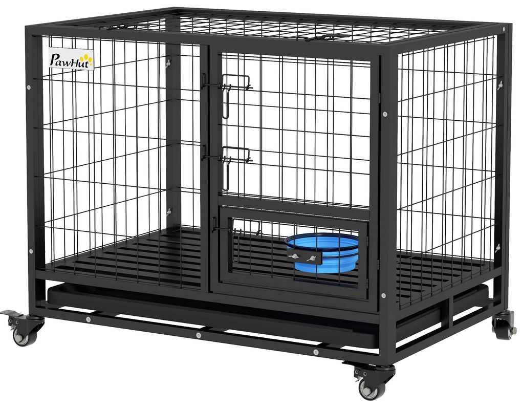 PawHut Cușcă pentru câini cu role de transport și suport pentru bol tavă detașabilă 2 uși verificabile | Aosom Romania