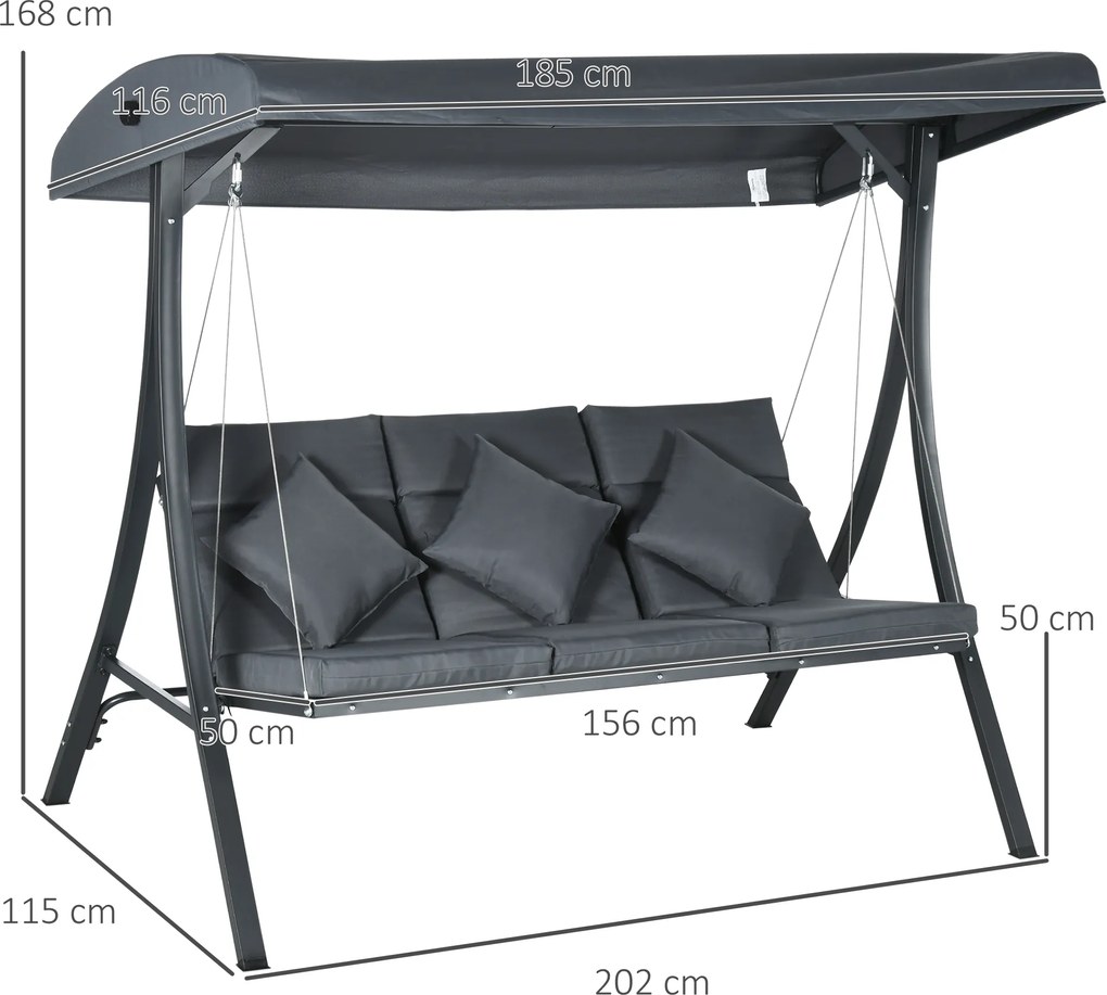 Outsunny Balansoar pentru Exterior de Grădină cu 3 Locuri și Acoperiș Reglabil, Perne Decorative, 202x115x168 cm, Gri | Aosom Romania
