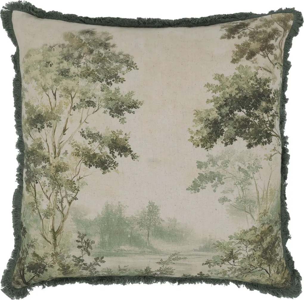 Față de pernă natur din țesătură fină, cu imprimeu peisaj verde și franjuri, 50x50 cm, „Aix"