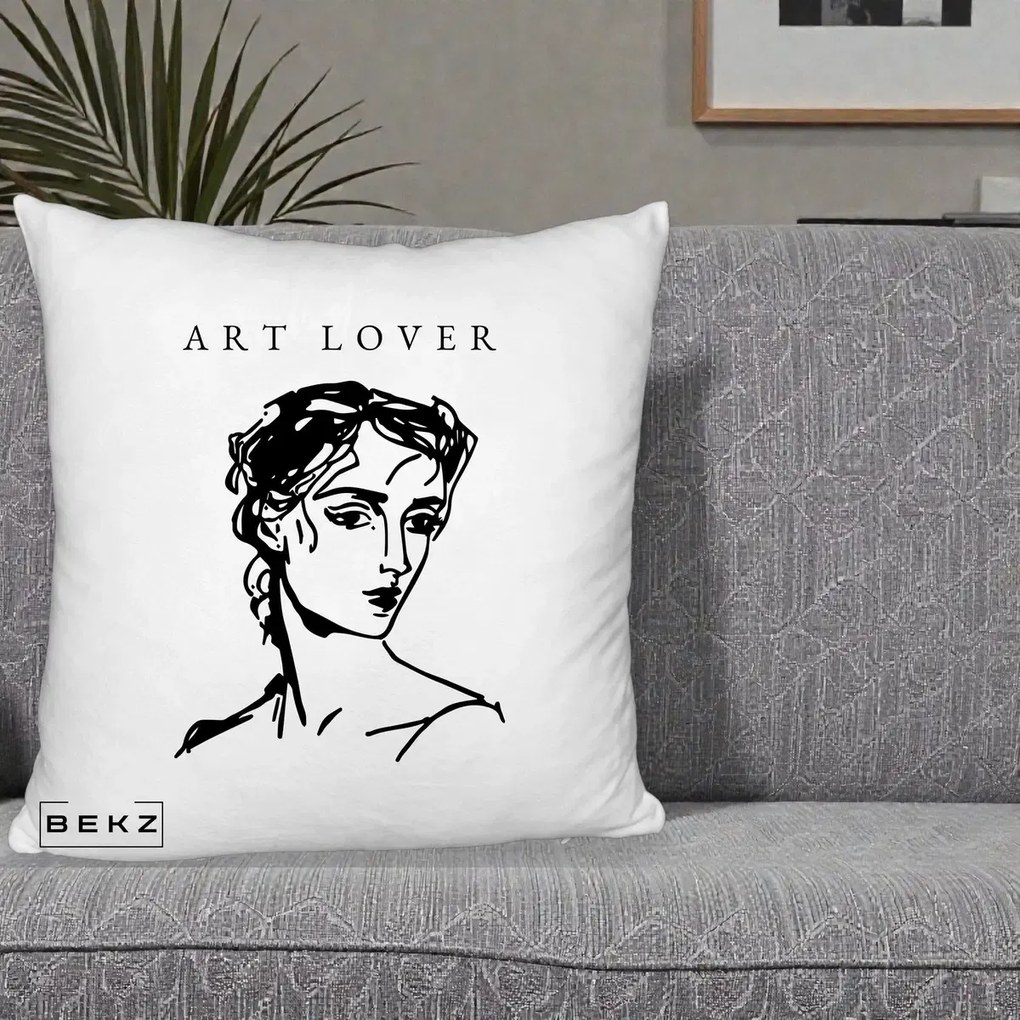 Perna Decorativa Art Lover Portret Grafic, 40x40 cm, Alb Pufos, Husa Detasabila, Perna Inclusa, BEKZ®