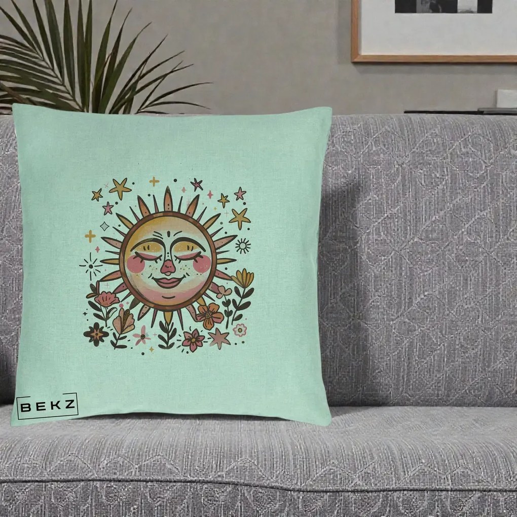 Perna Decorativa Soare Retro Boho Floral, 40x40 cm, Verde Menta, Husa Detasabila, Perna Inclusa, BEKZ®