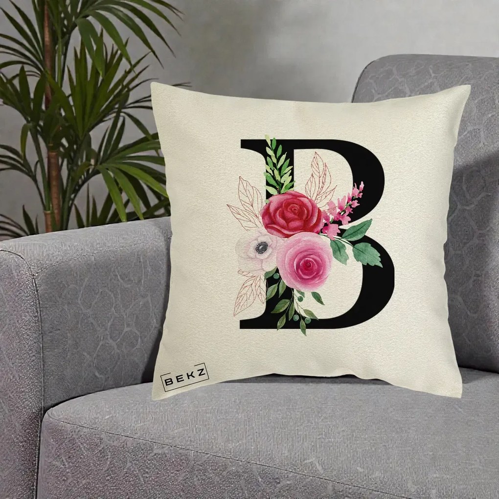 Cadou Personalizat - Perna Personalizata Monograma Florala Litera B, 40x40 cm, Ecru, Husa Detasabila, Perna Inclusa, BEKZ®