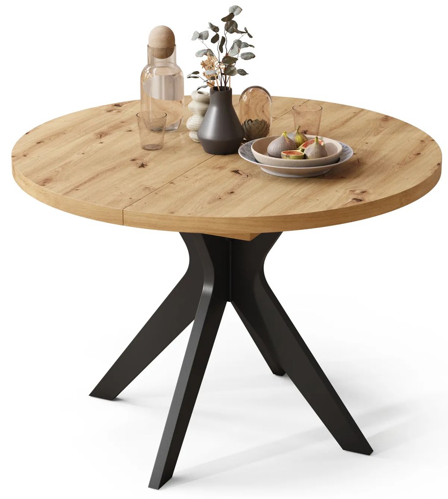 Mazzoni RENZO Stejar Artisan/picior negru - MASĂ ROTUNDĂ Ø110 EXTENSIBILĂ PÂNĂ LA 180 cm | PENTRU BUCĂTĂRIE SUFRAGERIE LIVING RETRO