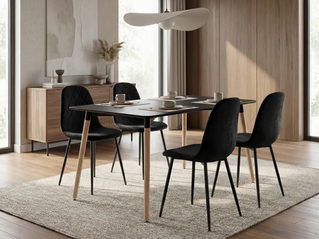 Set pentru dining 1 + 4, masa neagra ADRIA 120x80 cm + scaun negru catifelat ASTI cu picioare negre