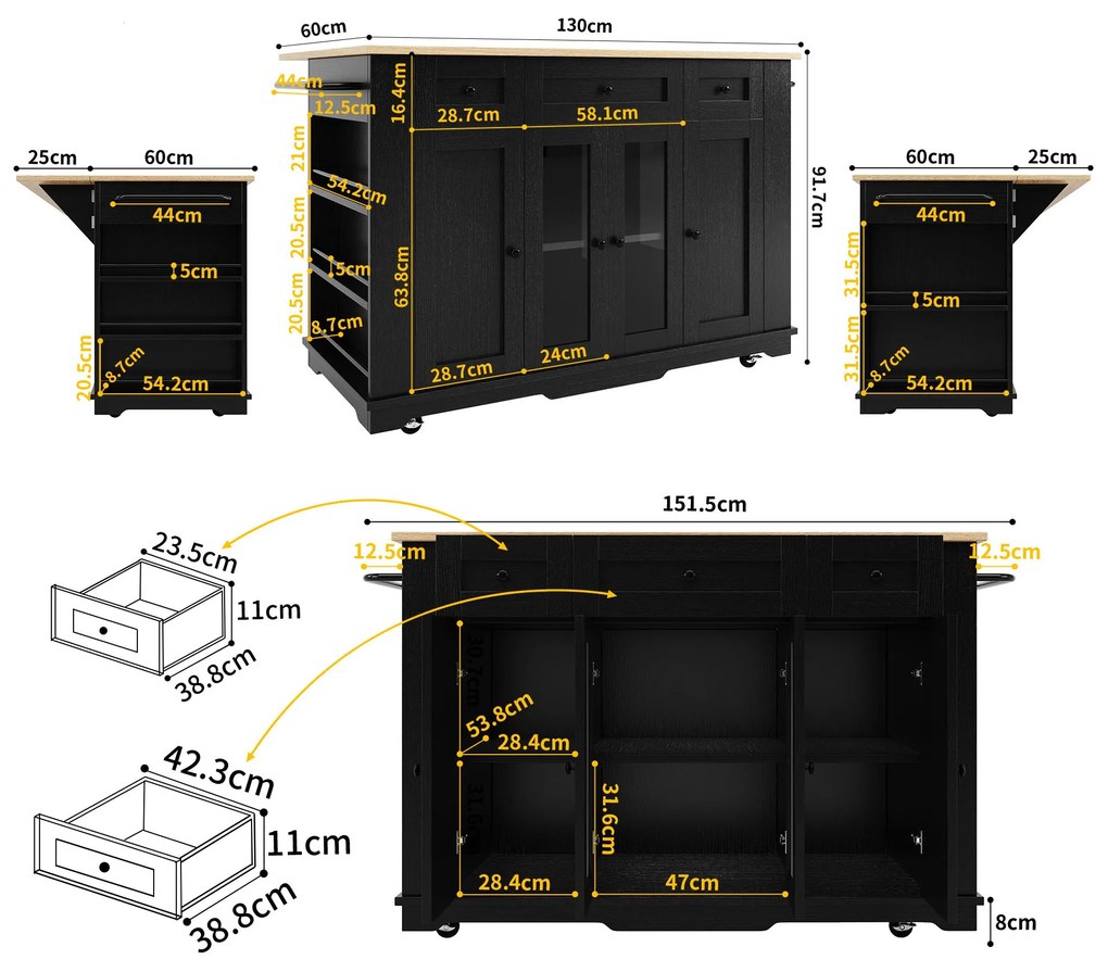 Insulă de bucătărie cu blat rabatabil, Negru | Aosom Romania