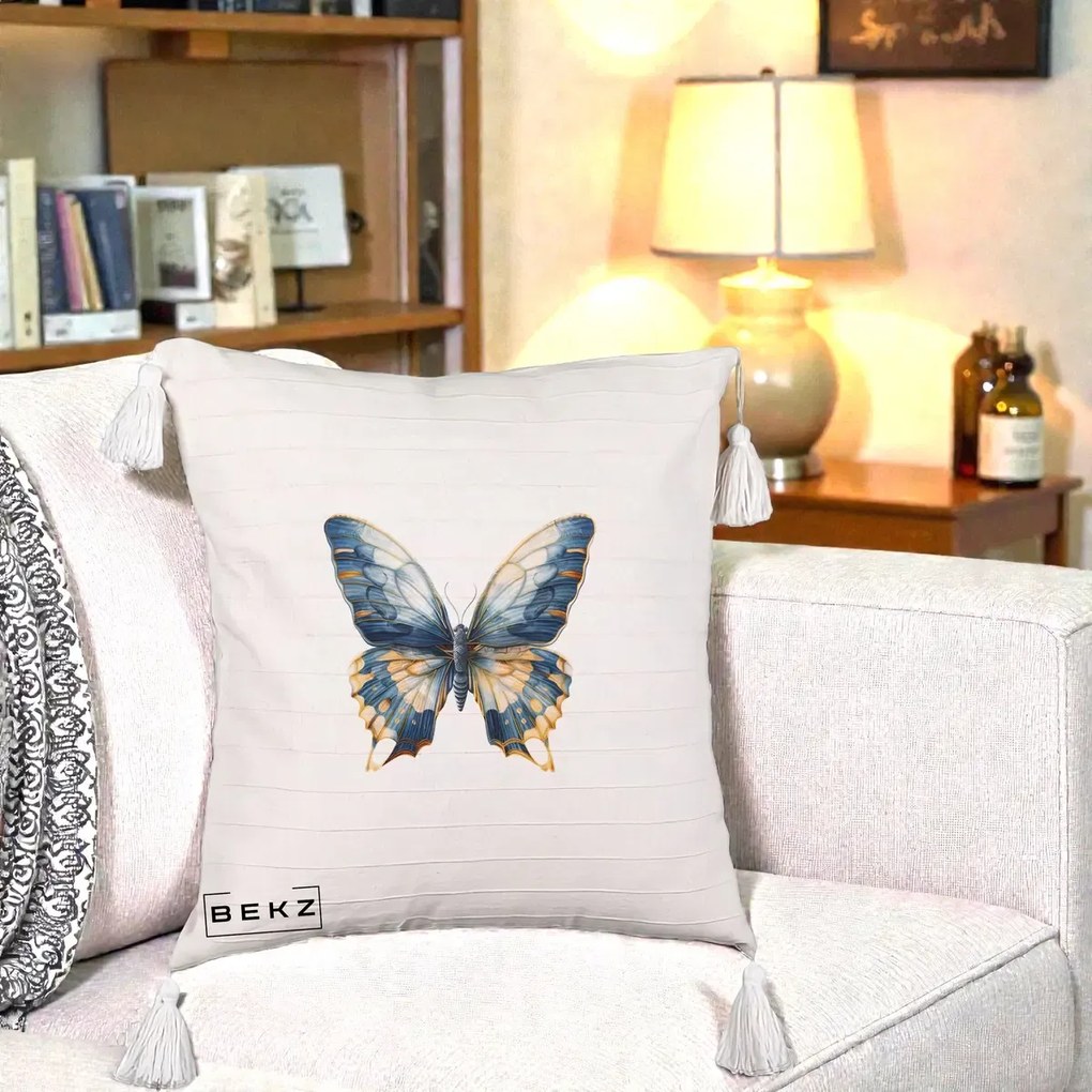 Perna Decorativa Fluture Albastru Auriu Elegant, 40x40 cm, Bej cu Franjuri, Husa Detasabila, Perna Inclusa, BEKZ®