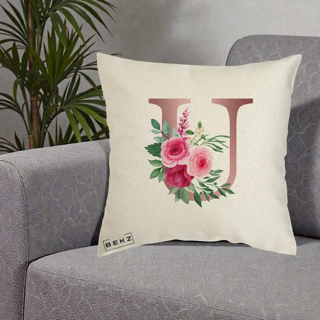 Cadou Personalizat - Perna Personalizata Monograma Rose Gold Litera U, 40x40 cm, Ecru, Husa Detasabila, Perna Inclusa, BEKZ®