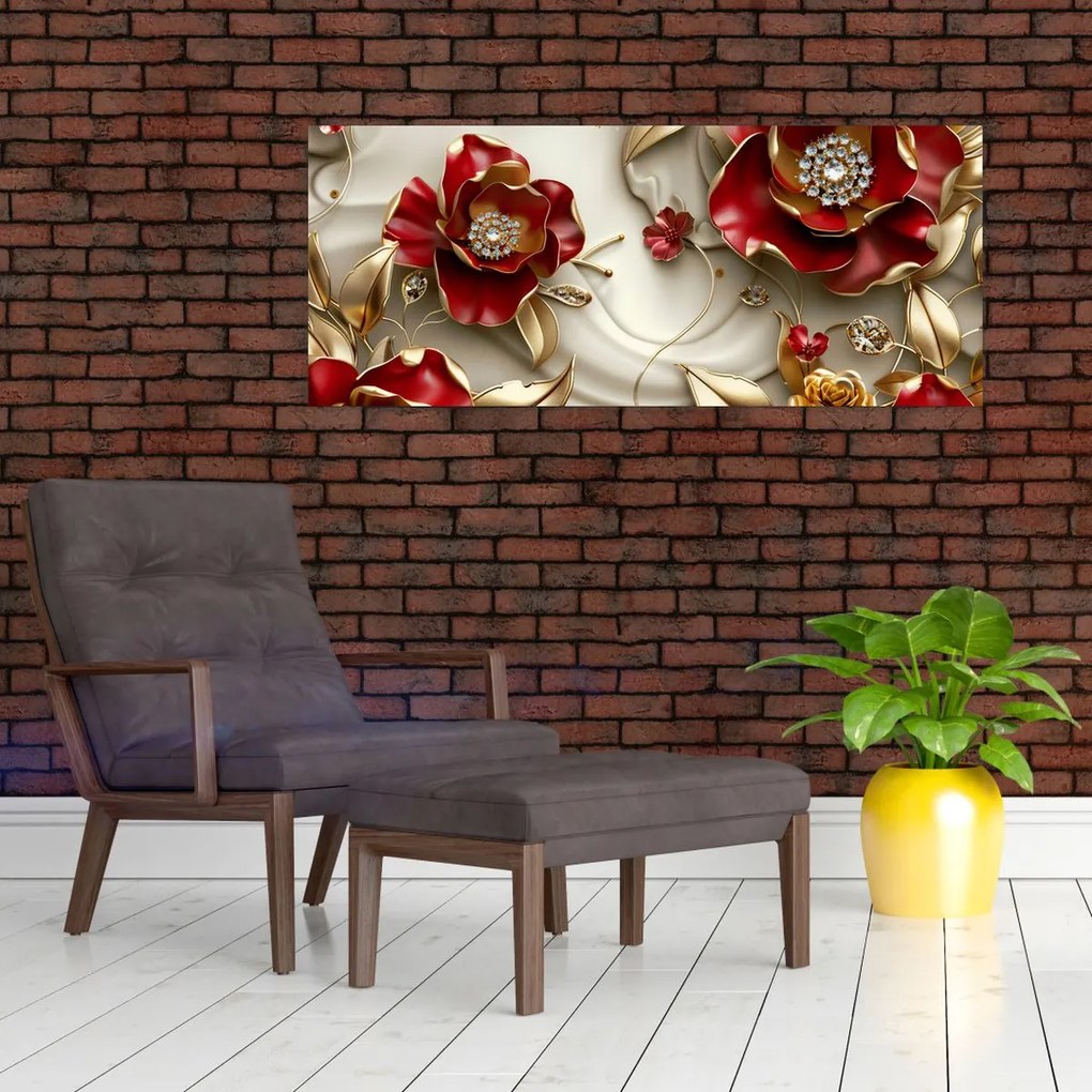 Tablou - Flori 3D Roșu-Auriu (120x50 cm)