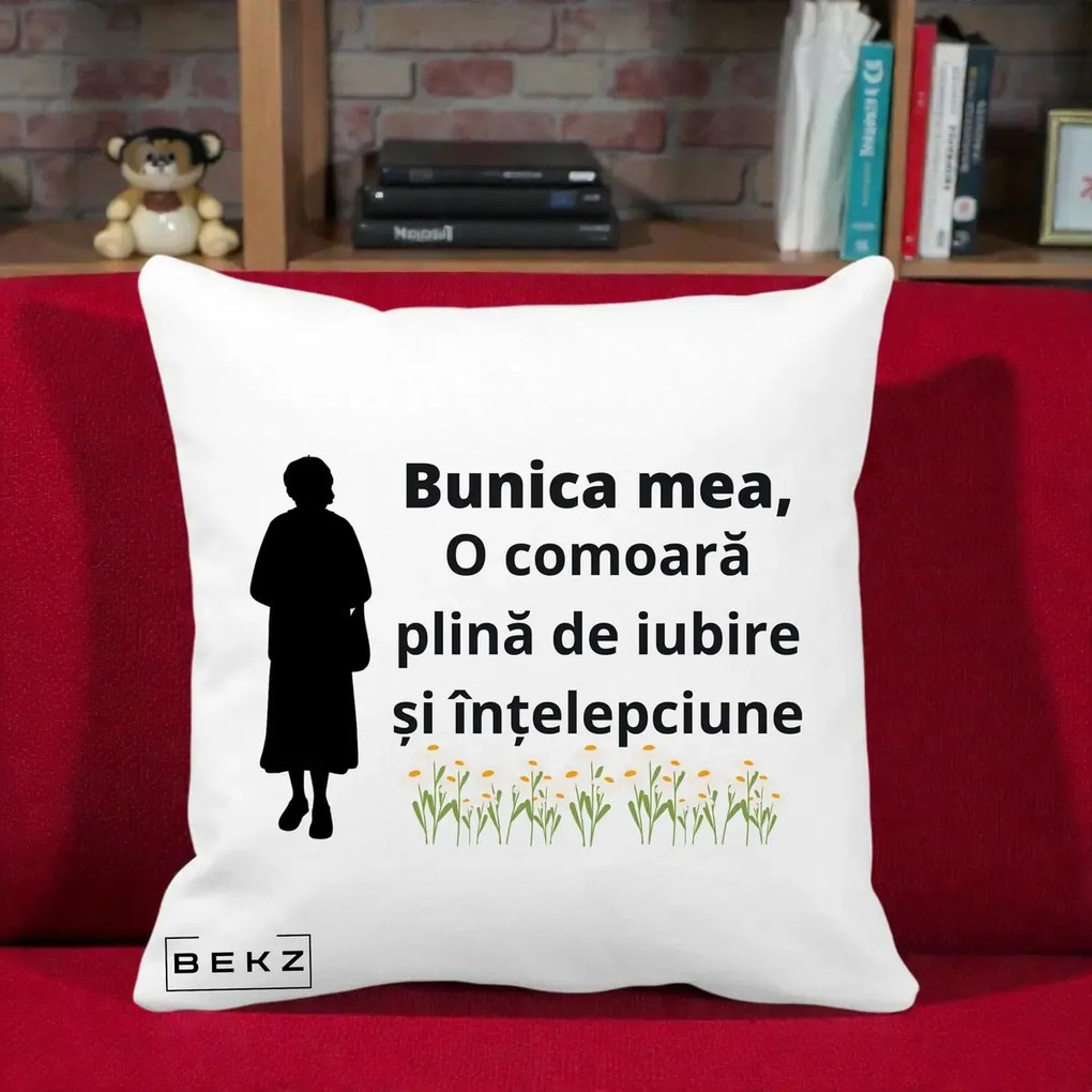 Cadou pentru Bunica - Perna Personalizata Bunica Mea Comoara Iubire Intelepciune Silueta cu Nepoata, 40x40 cm, Alba Mata, Husa Detasabila, Perna Inclusa, BEKZ®