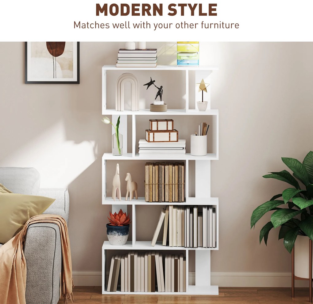 HOMCOM Bibliotecă Asimetrică în Formă de S cu 5 Niveluri și 10 Rafturi Deschise, 80x24x159 cm, Alb | Aosom Romania