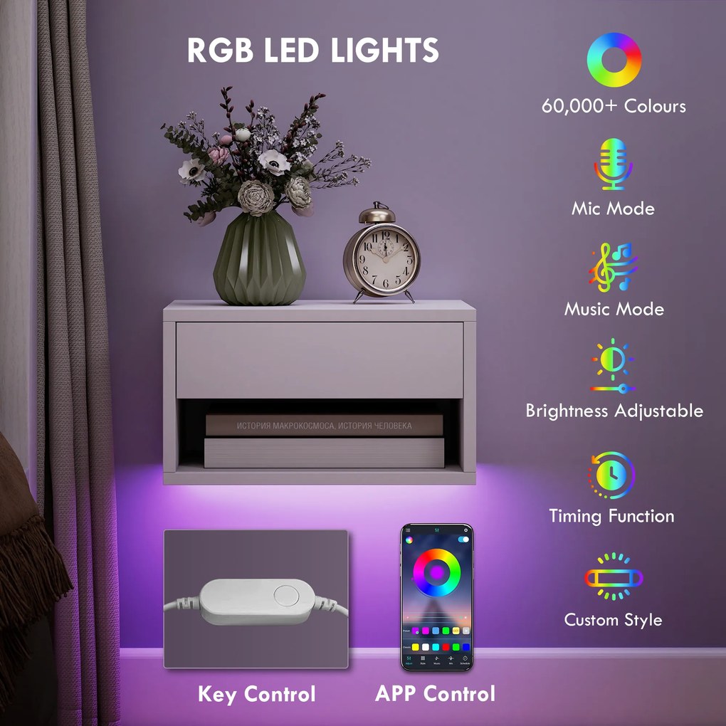 HOMCOM Set 2 Noptiere Suspendate cu LED RGB Integrat și Reglabil prin Aplicație, Sertar și Raft, 37x32x21 cm, Alb | Aosom Romania