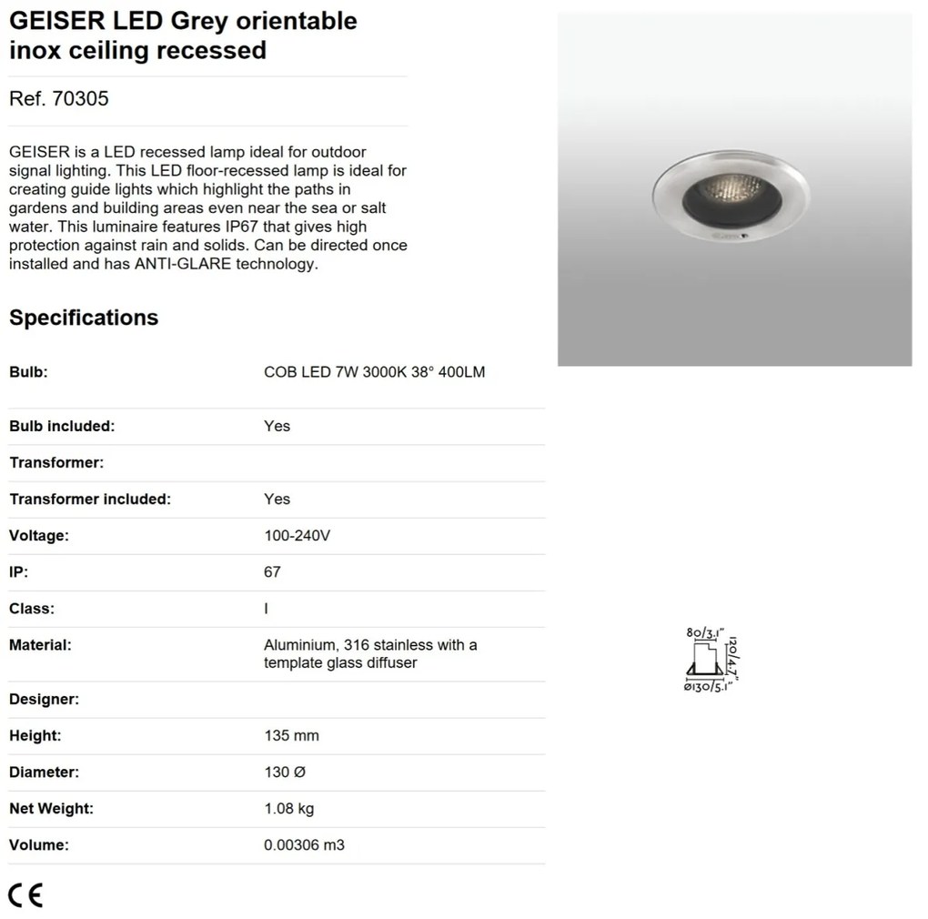 Spot LED orientabil / incastrabil de exterior 13cm GEISER 7W / 38º