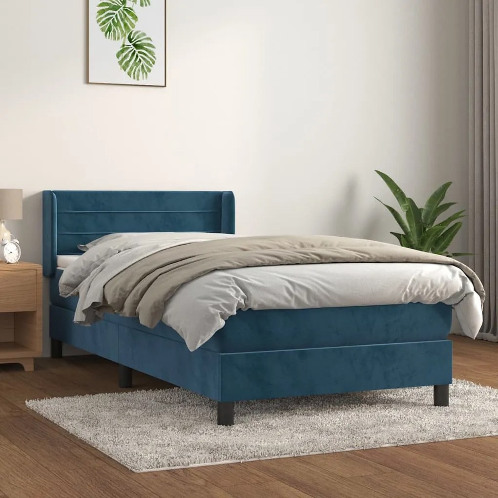 3131007 vidaXL Pat box spring cu saltea, albastru închis, 100x200 cm, catifea