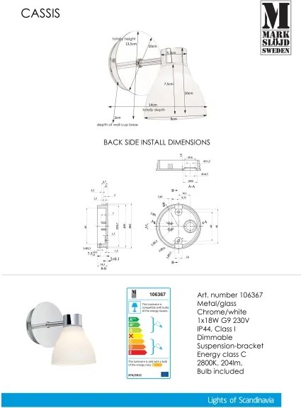 Markslöjd 106367 - Aplică perete CASSIS 1xG9/18W/230V