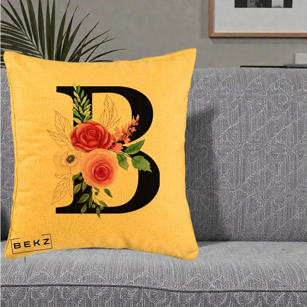 Cadou Personalizat - Perna Personalizata Monograma Florala Litera B, 40x40 cm, Galben, Husa Detasabila, Perna Inclusa, BEKZ®