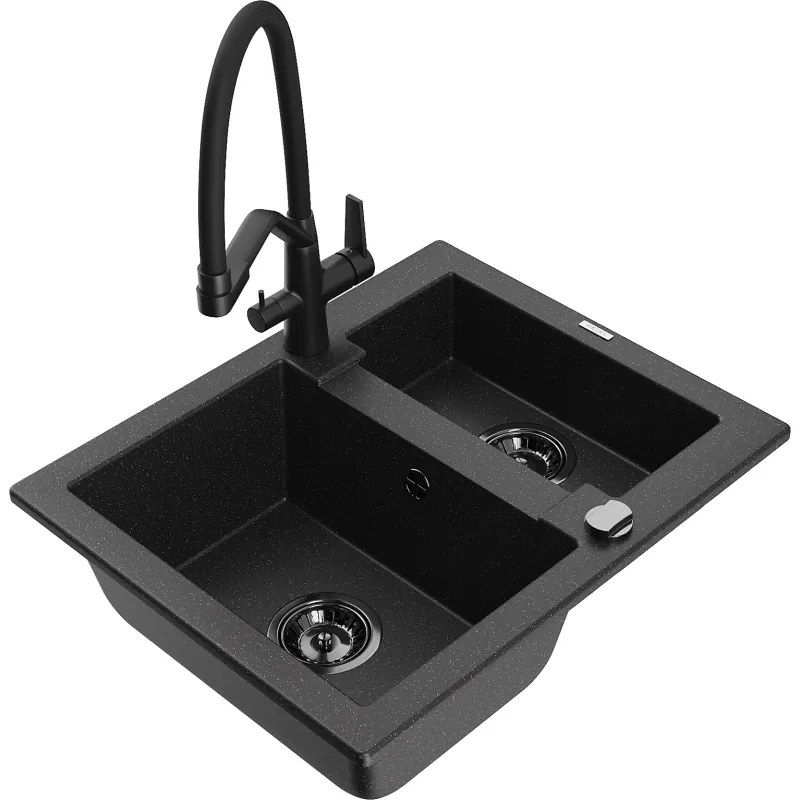 Mexen Carlos chiuvetă de bucătărie din granit 1,5 compartimente cu baterie Duo, negru/argintiu metalic - 6518-73-671701-70-B
