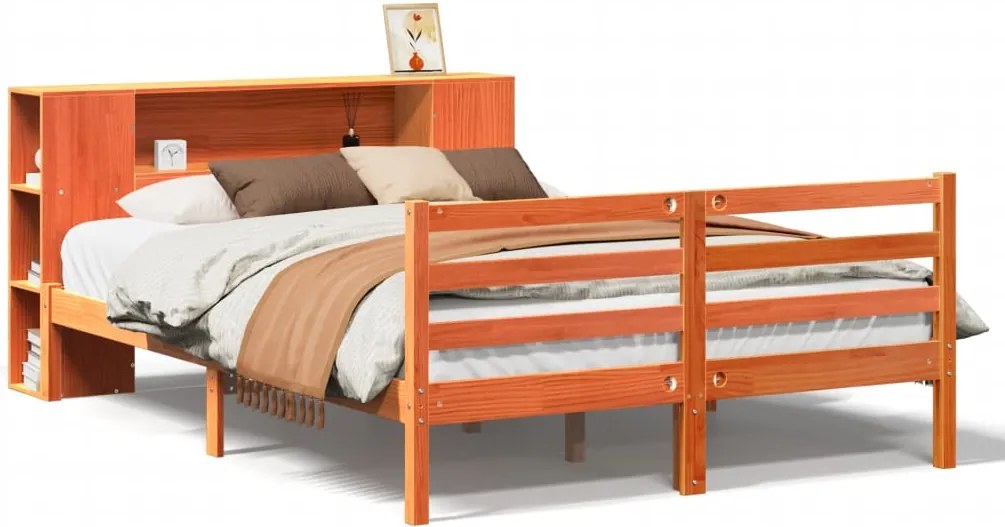 vidaXL Pat cu bibliotecă fără saltea maro 135x190 cm lemn masiv de pin