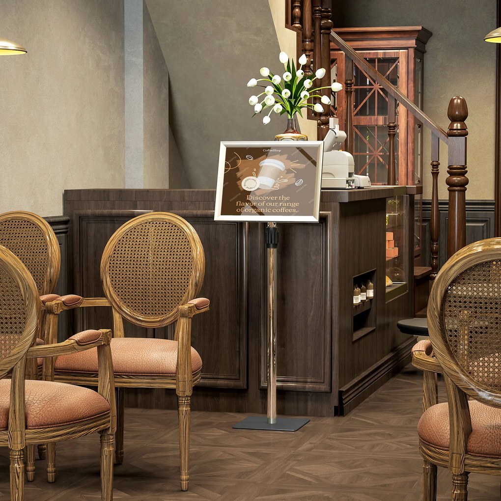 HOMCOM Suport Poster A3, Expozitor Publicitar de Podea cu Înălțime și Înclinare Reglabile, 40x30x129-135 cm, Argintiu | Aosom Romania