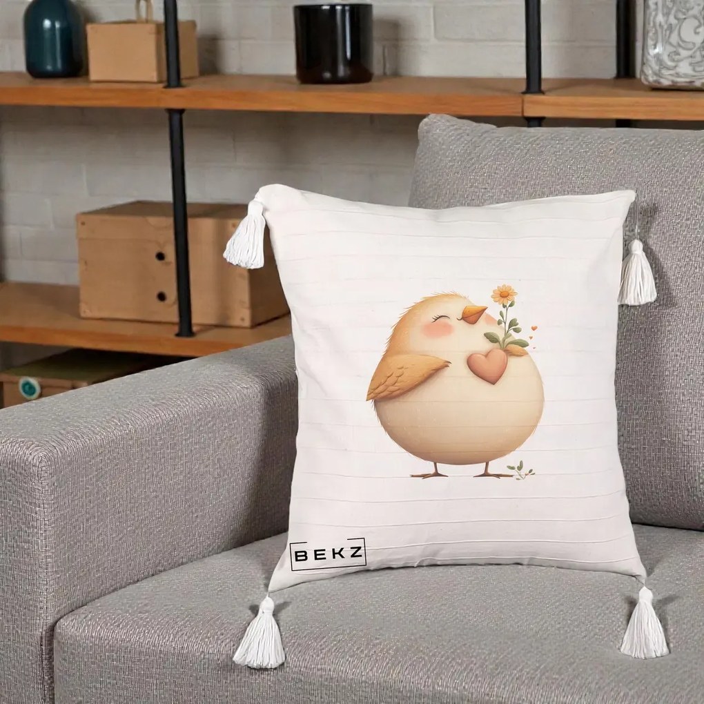 Perna Decorativa Pui cu Inima si Floarea-Soarelui, 40x40 cm, Bej cu Franjuri, Husa Detasabila, Perna Inclusa, BEKZ®