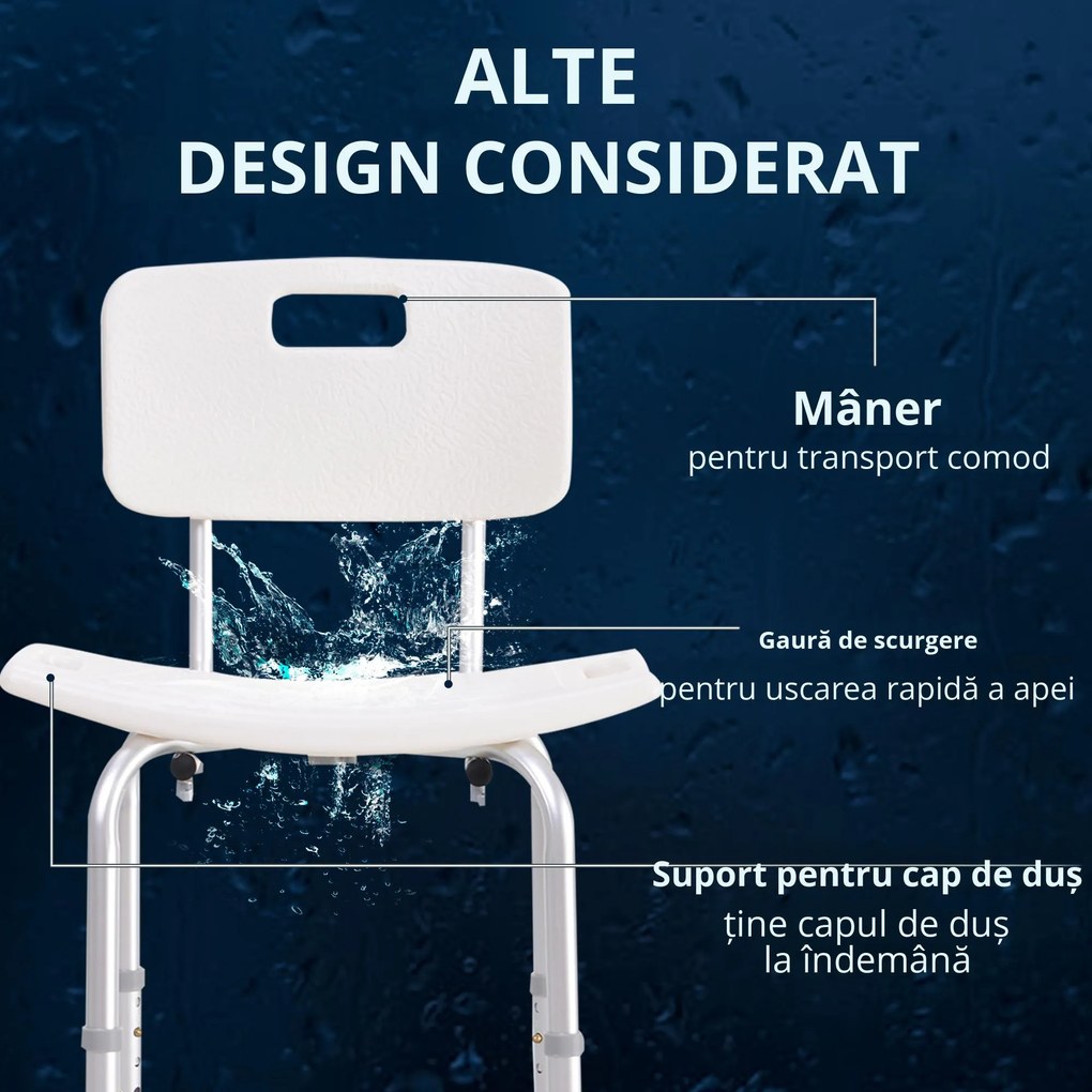HOMCOM Scaun de Duș Antiderapant cu Spătar și Înălțime Reglabilă pe 8 Poziții, 50,6x43x71-88 cm, Alb | Aosom Romania