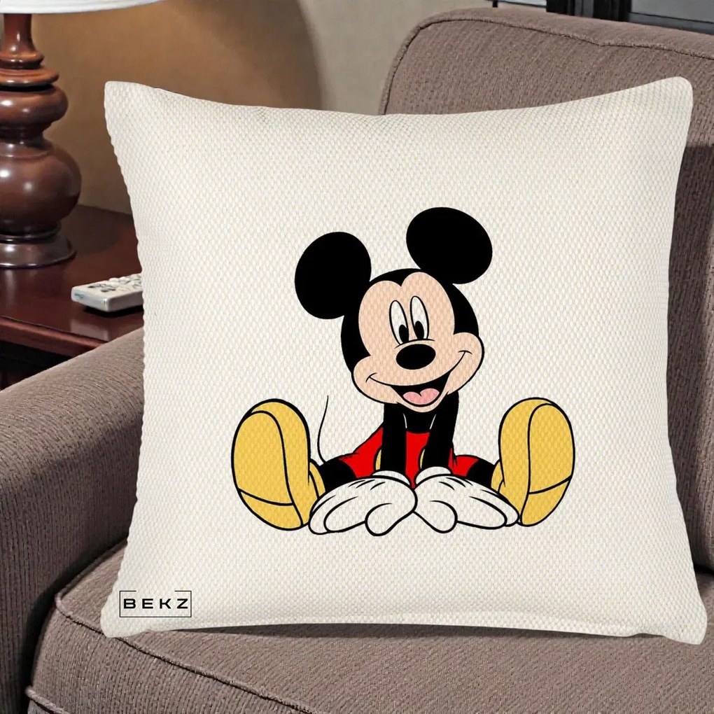 Perna Personalizata Mickey Mouse Relaxat, 40x40 cm, Crem Reliefat, Husa Detasabila, Perna Inclusa, BEKZ®
