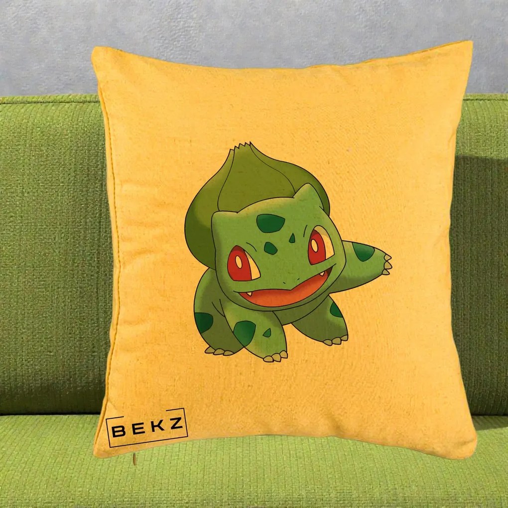 Perna Personalizata Bulbasaur Pokemon, 40x40 cm, Galben, Husa Detasabila, Perna Inclusa, BEKZ®