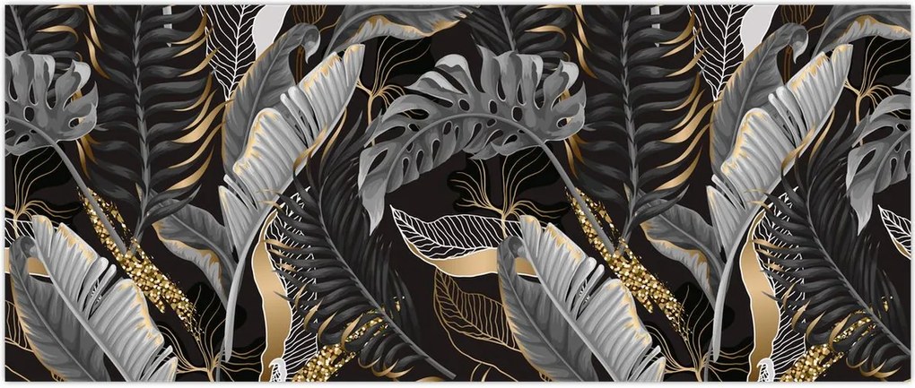 Tablou - Frunze tropicale, Galben - auriu (120x50 cm)