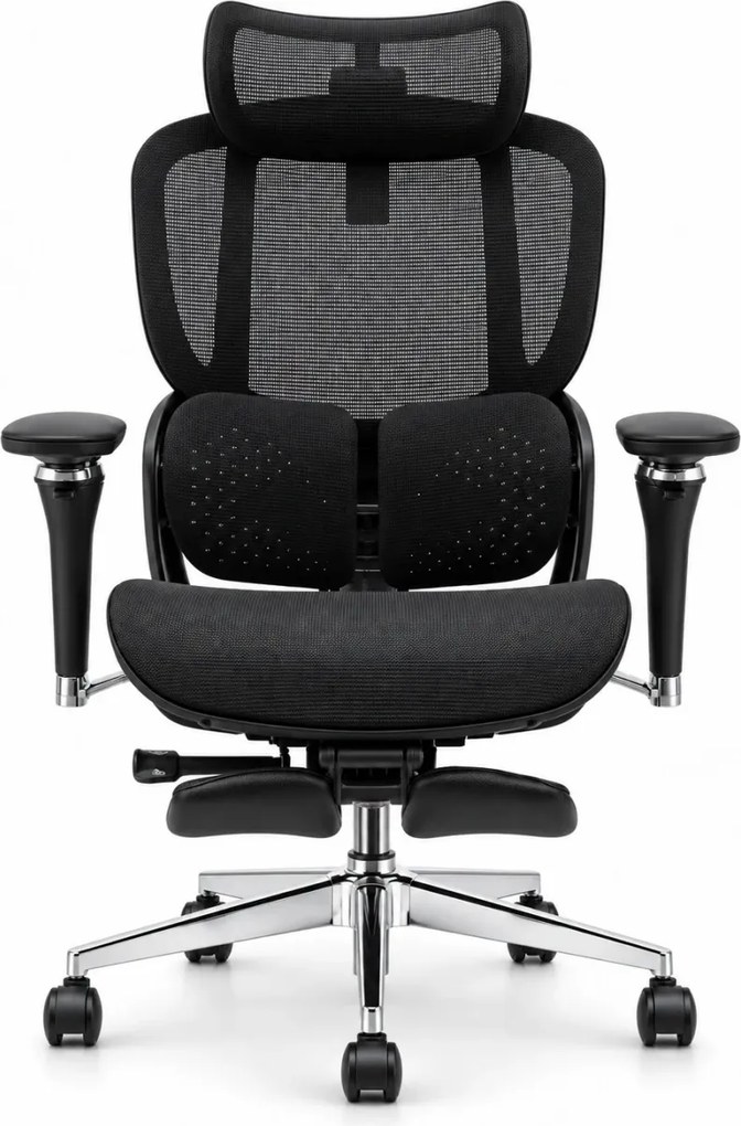Scaun ergonomic ANEW ARYSE D4 Pro, Suport lombar dual adaptiv 360°, Tetieră 3D, Cotiere 5D, Șezut Glisant Zero-Pressure din Mesh, Suport picioare, Bază metalică, Negru