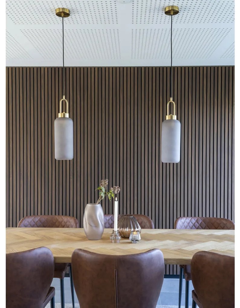 Lampă suspendată Luton, sticlă fumurie mată, soclu din cupru, cilindrică, 13 cm, cablu textil 150 cm