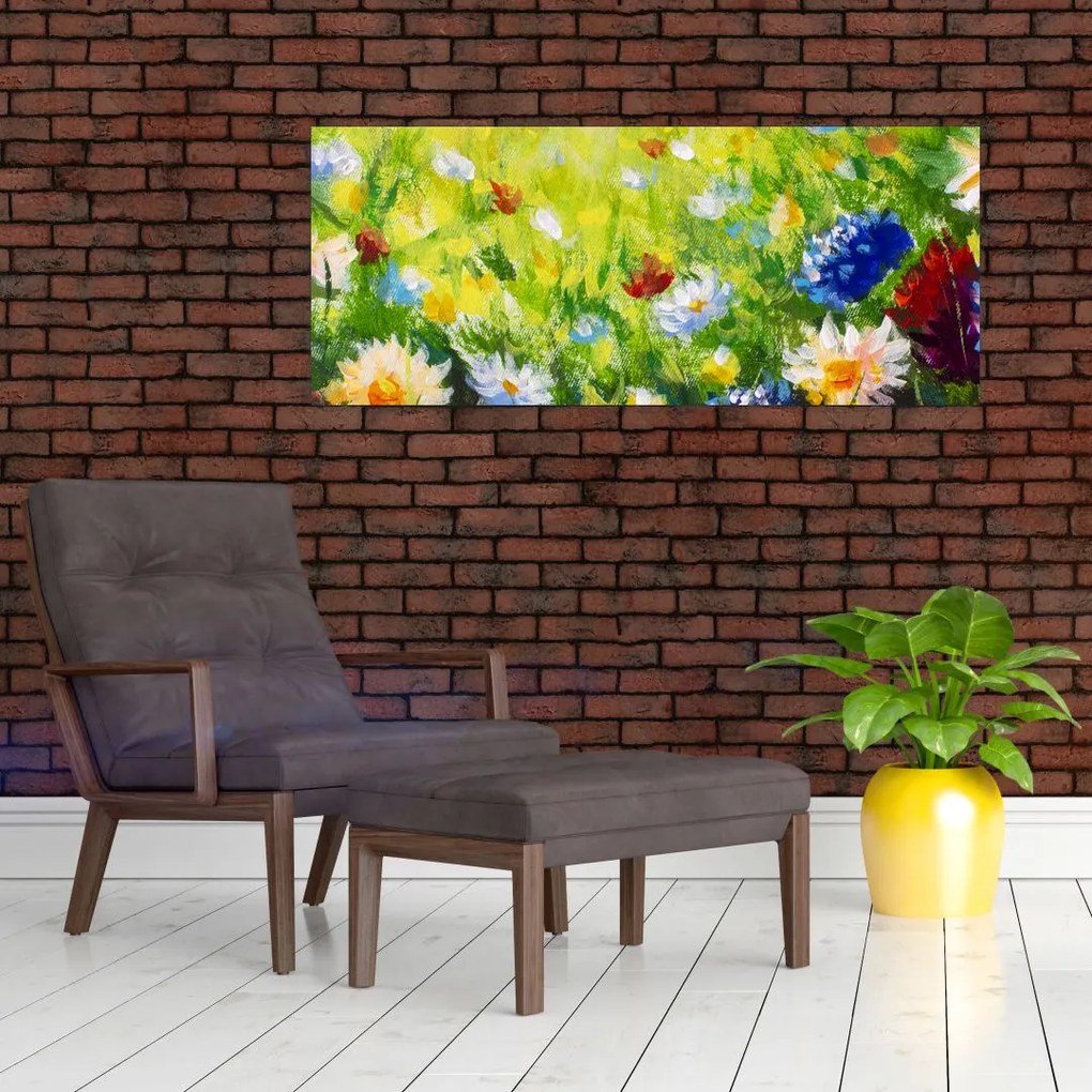 Tablou - Pictură în ulei, pajiște înflorită (120x50 cm)