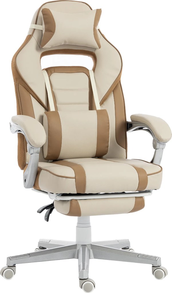 HOMCOM Scaun Gamer Rabatabil cu Înălțime Reglabilă Suport Picioare Retractabil Suport Lombar și Tetieră Demontabilă Cremă | Aosom Romania